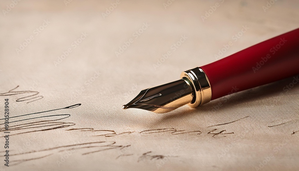 Fototapeta premium An elegant red fountain pen is displayed on a lightly scribbled sheet