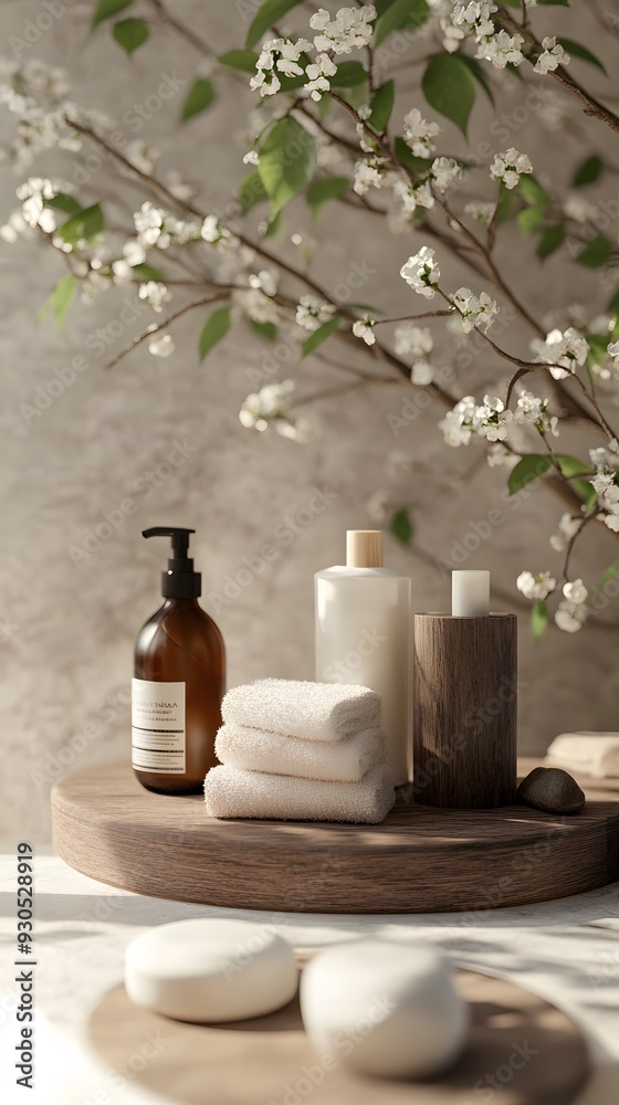 Natural spa products arranged on a wooden tray with white towels and soap bars. A branch of blooming flowers is behind the display. Natural spa products arranged on a wooden tray with white towels and soap bars. A branch of blooming flowers is behind the display.