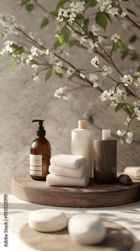 Wallpaper Mural Natural spa products arranged on a wooden tray with white towels and soap bars.  A branch of blooming flowers is behind the display. Torontodigital.ca