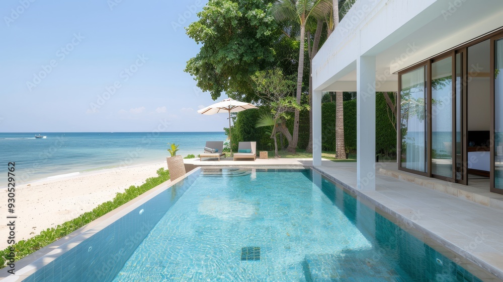 Fototapeta premium A pool with a white umbrella and a beach in the background