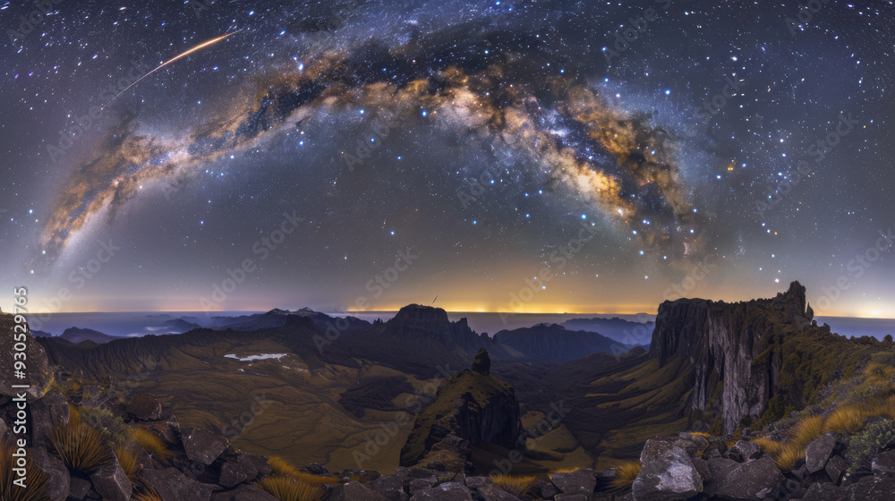 In the tranquil night, the Milky Way spans the sky, the majestic mountain range stands out clearly in the starlight, a meteor streaks across the night sky, disappearing on the horizon, a serene, myste In the tranquil night, the Milky Way spans the sky, the majestic mountain range stands out clearly in the starlight, a meteor streaks across the night sky, disappearing on the horizon, a serene, myste