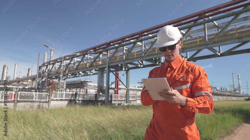 Engineers specializing in oil and gas drilling are inspecting the area around factories and refineries with gas and petroleum liquid distribution pipes around the construction and working areas. Engineers specializing in oil and gas drilling are inspecting the area around factories and refineries with gas and petroleum liquid distribution pipes around the construction and working areas.