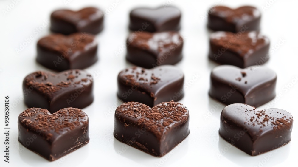 Chocolate hearts delicately arranged on a white surface, representing sweetness, indulgence, and minimalism with clean edges and rich textures. Chocolate hearts delicately arranged on a white surface, representing sweetness, indulgence, and minimalism with clean edges and rich textures.
