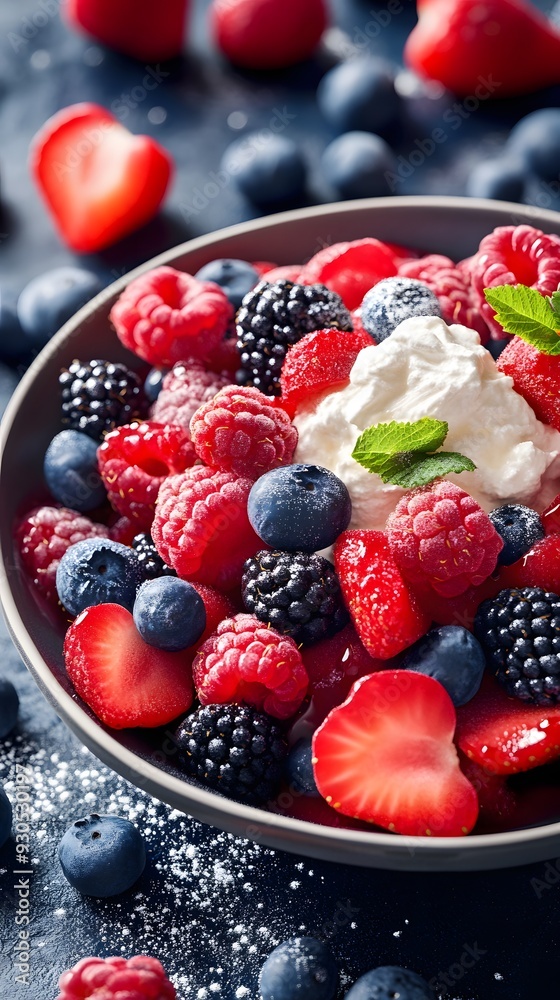 A bowl of fresh berries with whipped cream and mint leaves. A bowl of fresh berries with whipped cream and mint leaves.