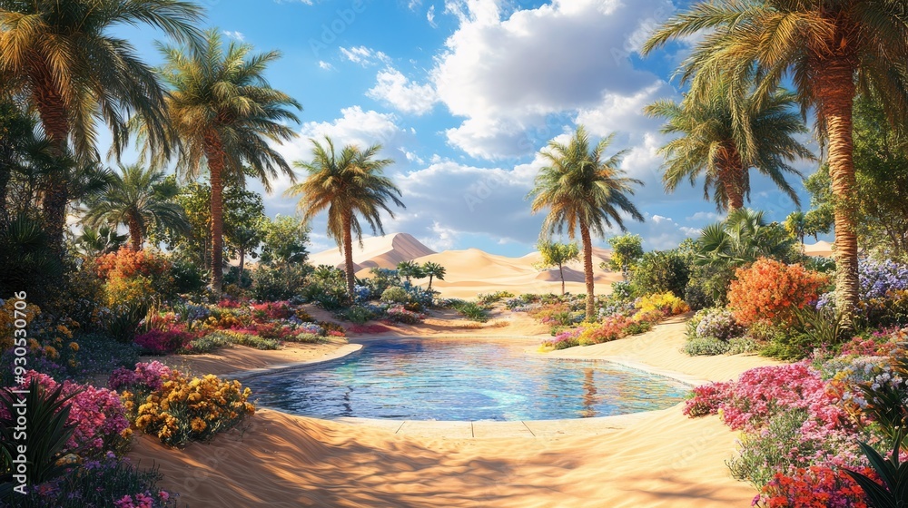 Fototapeta premium beautiful desert oasis with palm trees and colorful flowers