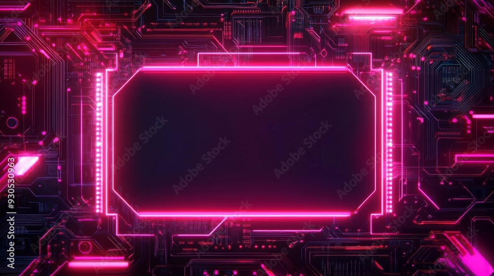 Glowing neon frame over motherboard circuit background Glowing neon frame over motherboard circuit background