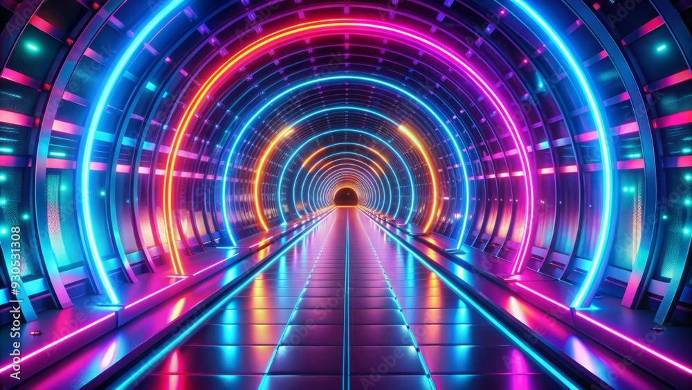 Vibrant neon tunnel with abstract glowing lights and futuristic design Vibrant neon tunnel with abstract glowing lights and futuristic design
