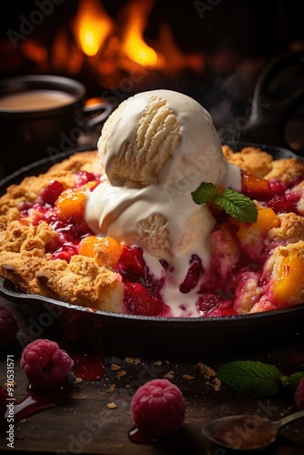 peach raspberry cobbler; dessert photography; best for banners, flyers, and posters photo