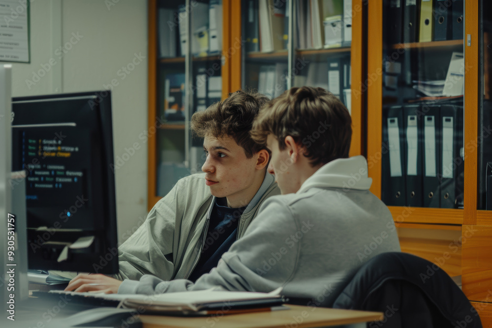 Dos estudiantes adolescentes delante del ordenador en la biblioteca. 