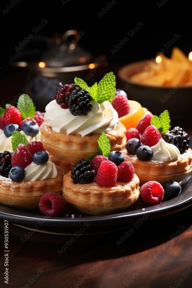 assorted fruit tarts; dessert photography; best for banners, flyers, and posters assorted fruit tarts; dessert photography; best for banners, flyers, and posters