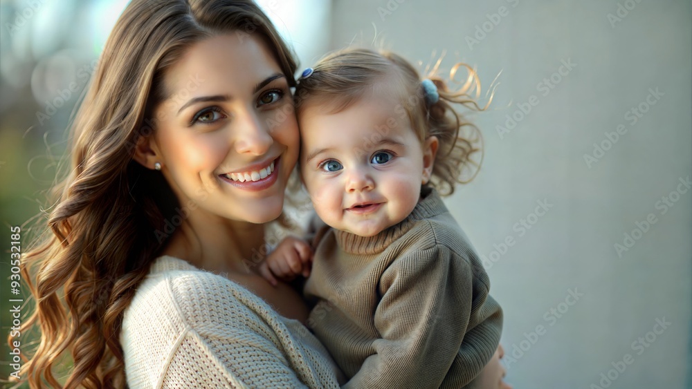mom and her cute little daughter, woman carrying the female child or kid in her hands, both of them are smiling and looking at the camera. Walking in nature, happy family, motherhood concept mom and her cute little daughter, woman carrying the female child or kid in her hands, both of them are smiling and looking at the camera. Walking in nature, happy family, motherhood concept