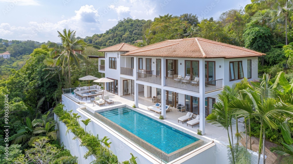 Fototapeta premium A large white house with a pool and a balcony overlooking a lush green hillside
