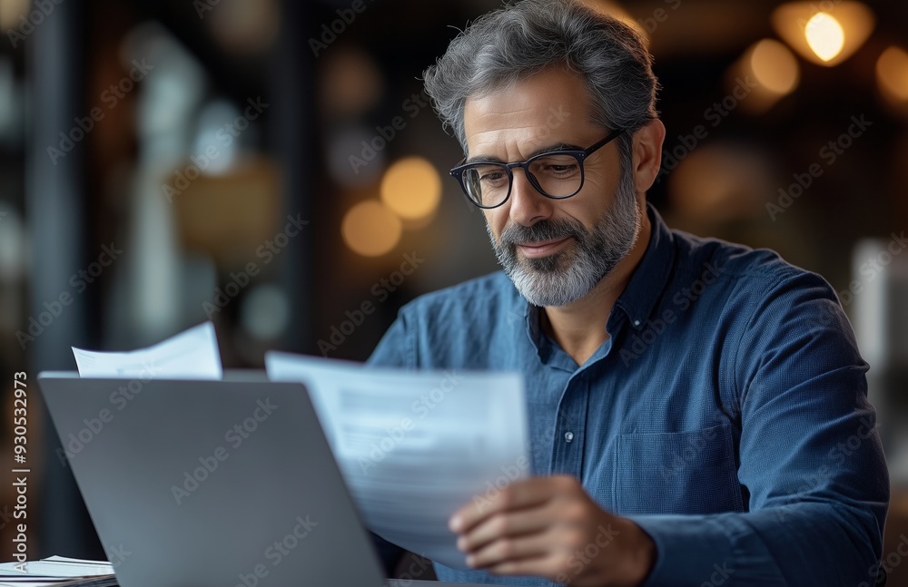 Middle aged man sitting at his desk, reading documents while using a laptop, looking focused Middle aged man sitting at his desk, reading documents while using a laptop, looking focused