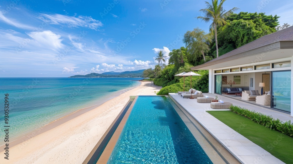 A pool with a white umbrella and a palm tree in the background A pool with a white umbrella and a palm tree in the background