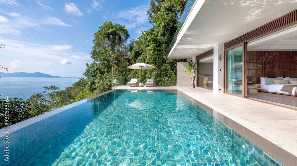 Fototapeta premium A beautiful beach with a pool and a house in the background