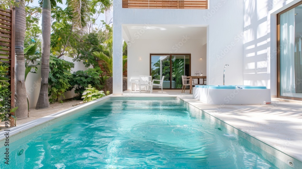 Fototapeta premium A large white house with a pool and a patio