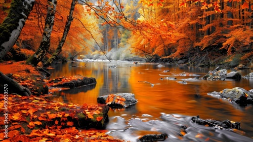 Crisp autumn day with a river surrounded by vibrant orange foliage photo