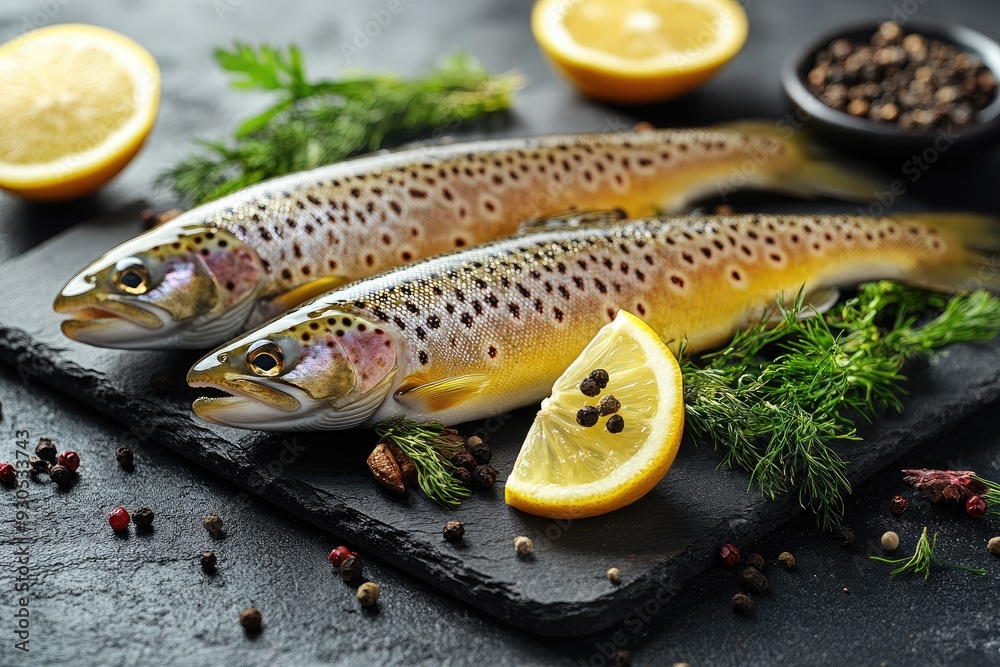 Fresh raw rainbow trout fish lying on black stone cutting board surrounded by spices and herbs for cooking Fresh raw rainbow trout fish lying on black stone cutting board surrounded by spices and herbs for cooking