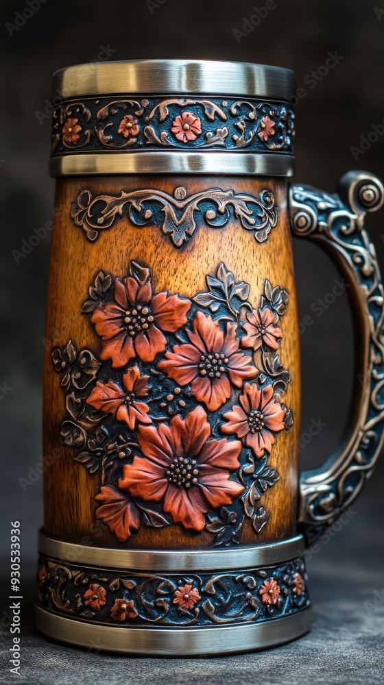 Orange and blue floral ceramic mug standing on white background Orange and blue floral ceramic mug standing on white background