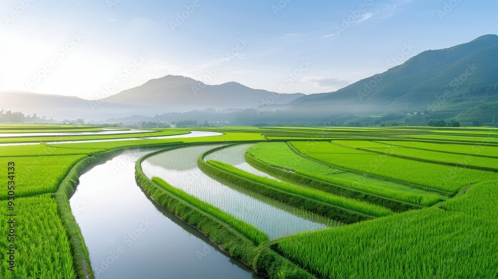 A river runs through a field of green rice A river runs through a field of green rice