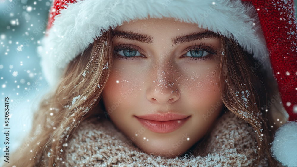 A beautiful girl in a Santa hat. Model appearance. An advertising photo.