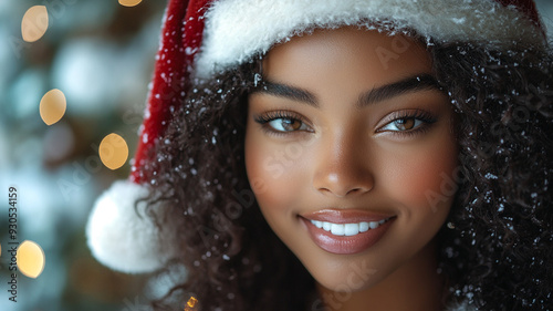 A beautiful girl in a Santa hat. Model appearance. An advertising photo.