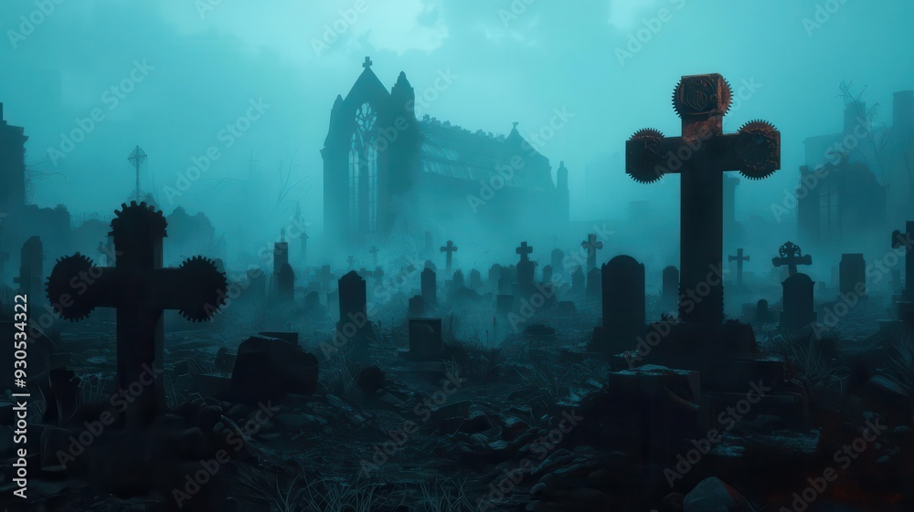 Steampunk graveyard with gravestones made of gears, fog drifting between mechanical mausoleums, Halloween Steampunk, eerie mechanical resting place Steampunk graveyard with gravestones made of gears, fog drifting between mechanical mausoleums, Halloween Steampunk, eerie mechanical resting place