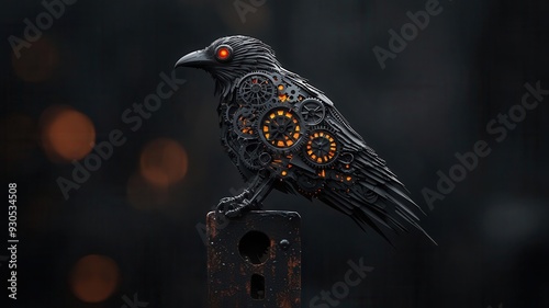 Steampunk raven with gear-filled wings and glowing red eyes, perched on a rusty signpost, Halloween Steampunk, clockwork omen photo