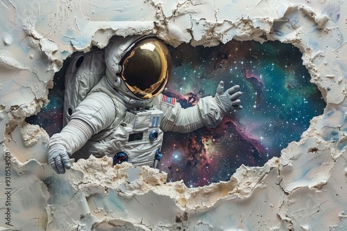 Fototapeta Naklejka Na Ścianę i Meble -  3D astronaut emerging from a cracked wall, with a galaxy visible through the break behind him.