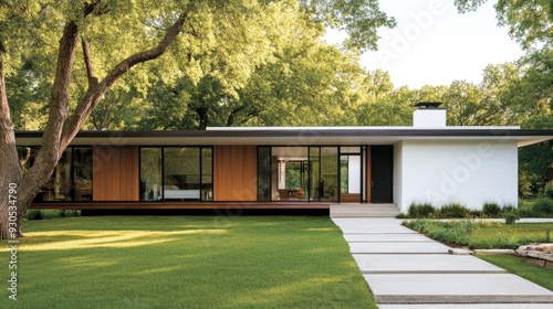 A contemporary house features a symmetrical front view with black windows and a concrete walkway leading to a vibrant grassy yard