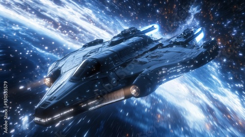 The starship glides through swirling galaxies, leaving a trail of light against the backdrop of a vivid, star-filled universe