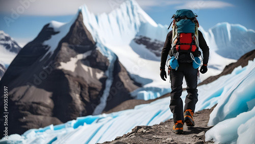 a mountain climber seen from behind against a backdrop of icebergs