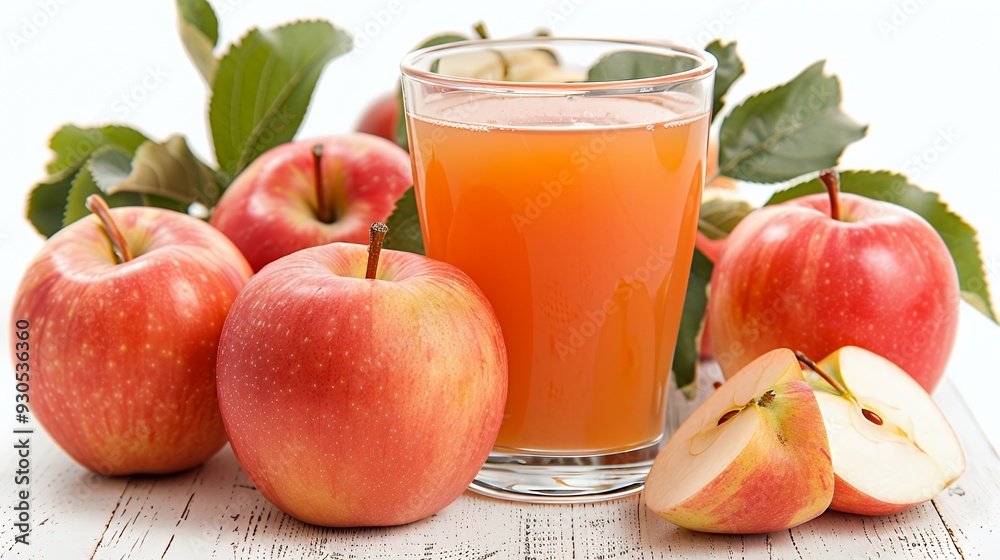 A glass of apple juice surrounded by fresh apples and apple slices on a wooden surface. A glass of apple juice surrounded by fresh apples and apple slices on a wooden surface.