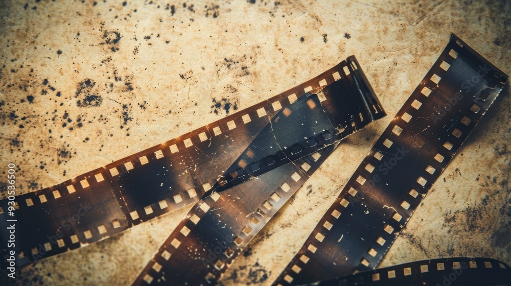 Fototapeta premium Empty film strip over vintage textured paper, natural lighting, nostalgic feel, abundant copy space