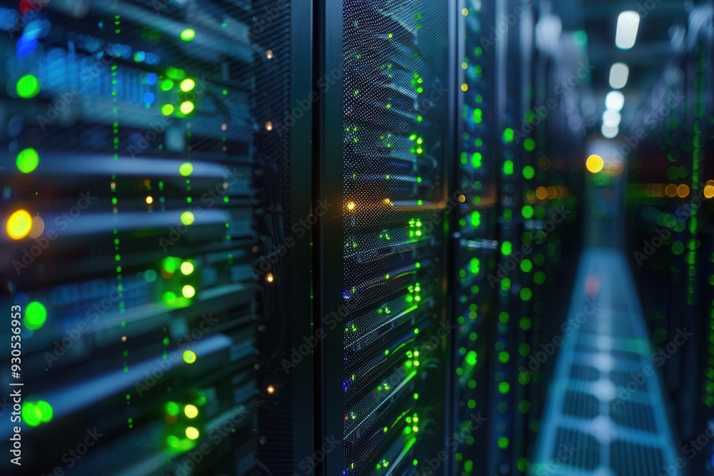 Network servers in a row, LED lights glowing, dimly lit room, vibrant blue and green, wideangle shot, advanced technology, modern data center Network servers in a row, LED lights glowing, dimly lit room, vibrant blue and green, wideangle shot, advanced technology, modern data center