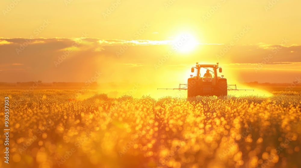 Fototapeta premium Farming tractor spraying soybean crops at sunset