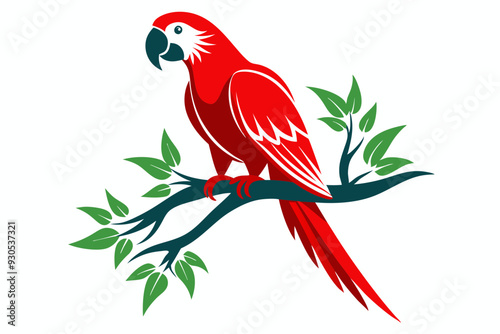 A Scarlet Macaw perched parrot Silhouette Vector Style with A Tree Branch on a White Background.