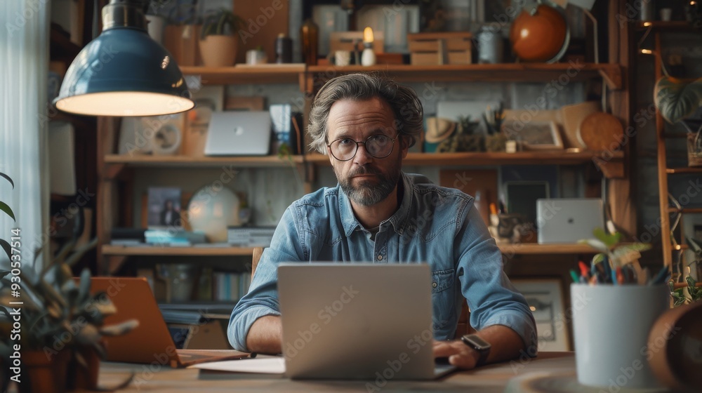 man seated at a desk in a bright tech gadgets as smartphones and tablets man seated at a desk in a bright tech gadgets as smartphones and tablets