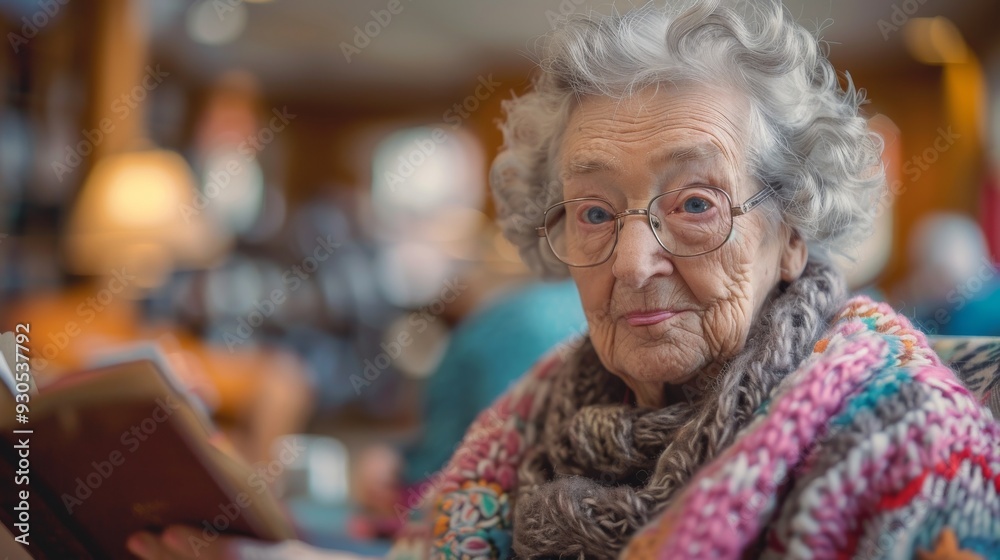 woman elderly common room senior living facility with staff and fellow residents woman elderly common room senior living facility with staff and fellow residents