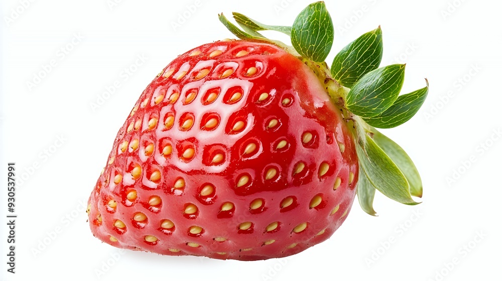 A close-up image of a fresh, ripe strawberry showcasing its vibrant red color and green leaves. A close-up image of a fresh, ripe strawberry showcasing its vibrant red color and green leaves.
