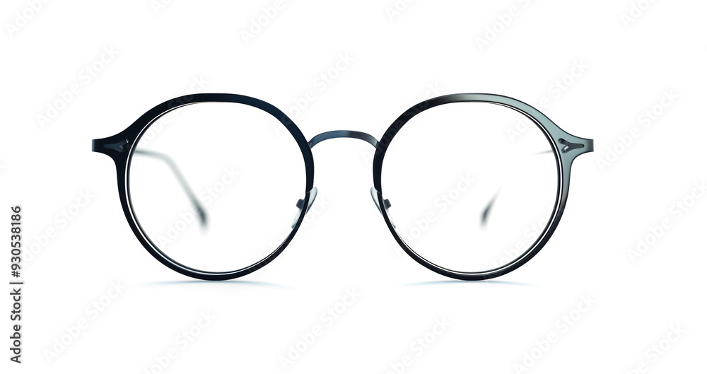 Fototapeta premium A pair of round black eyeglasses with thin frames displayed against a white background, showcasing a minimalist and classic design.