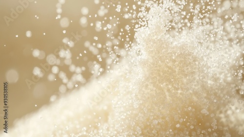 White particles of fine sugar suspended in mid-air, caught in a fleeting moment of motion against a neutral background. Perfect for baking and cooking themes.