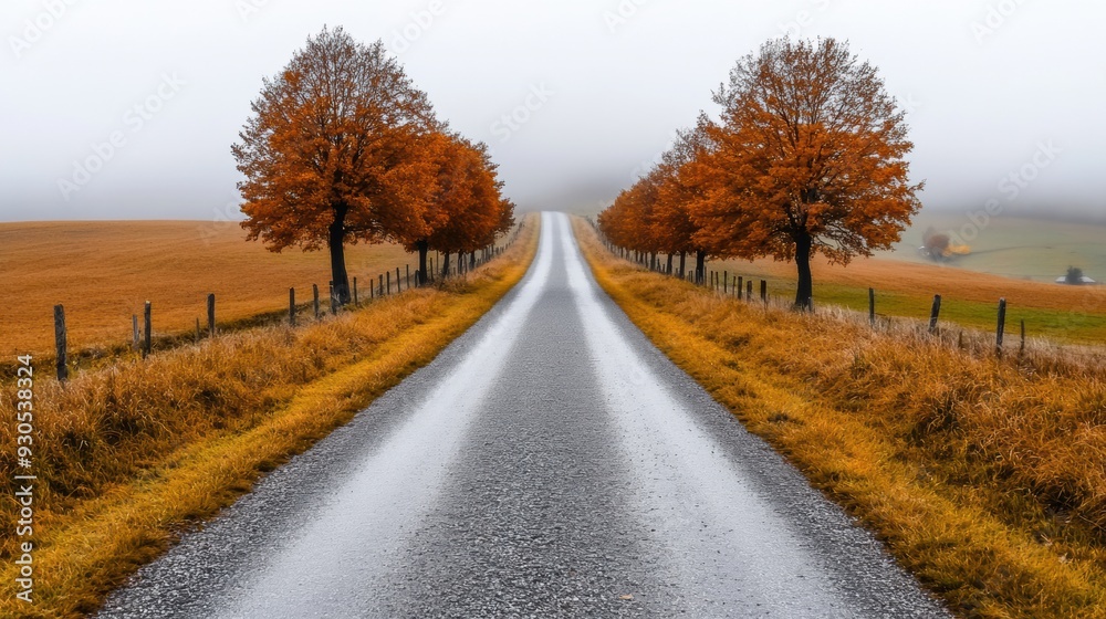 Naklejka premium A road with trees on both sides of it in a field, AI