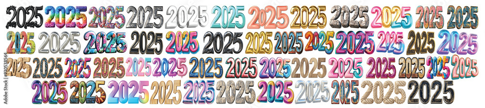 Mega pack of 2025 different text effects in 3d rendering set against transparent background Mega pack of 2025 different text effects in 3d rendering set against transparent background