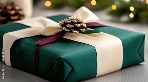 A close up of a wrapped gift sitting on top of some christmas decorations, AI