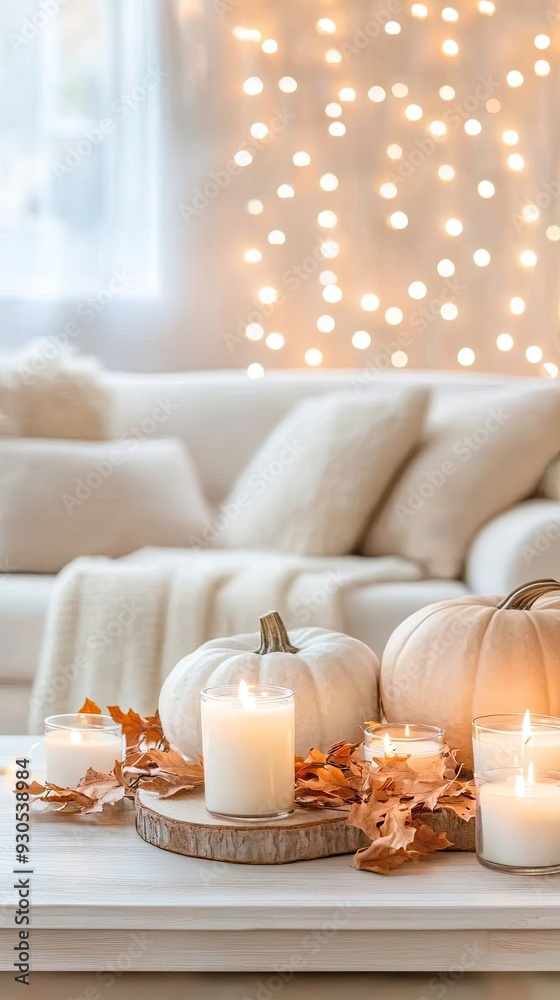 The cozy living room features pumpkins and candles on the coffee table, creating a warm atmosphere enhanced by soft fairy lights for autumn relaxation The cozy living room features pumpkins and candles on the coffee table, creating a warm atmosphere enhanced by soft fairy lights for autumn relaxation
