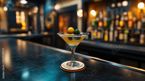 Cocktail glass on bar counter with bokeh lights