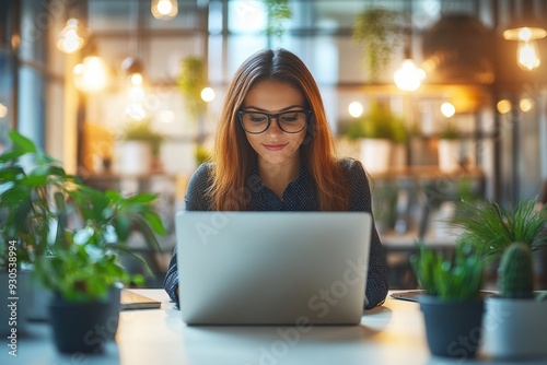 Focused Woman Working on Laptop in a Modern Office with Greenery