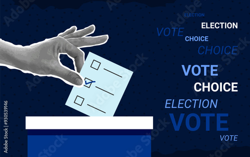 Presidential Election 2024. Halftone hand putting a ballot in a voting box. Vote day, collage. Vector illustration