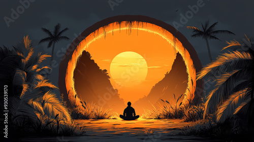 Digital illustration of person meditating inside glowing sun circle